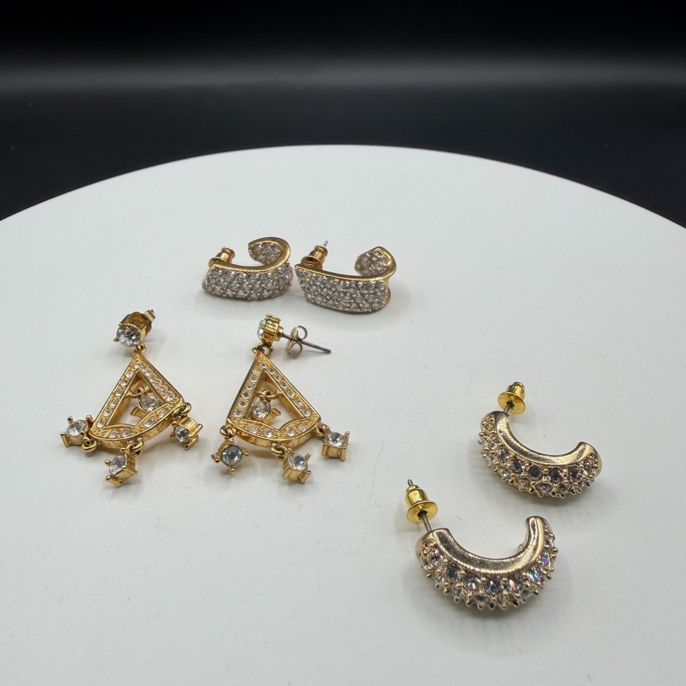 3 Pair Gold Tone Rhinestone Earrings Hoop Triangle Dangle Costume Jewelry Lot